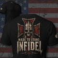 Made to Stand Infidel armored skull and iron cross back print black tee from Infidel Collective