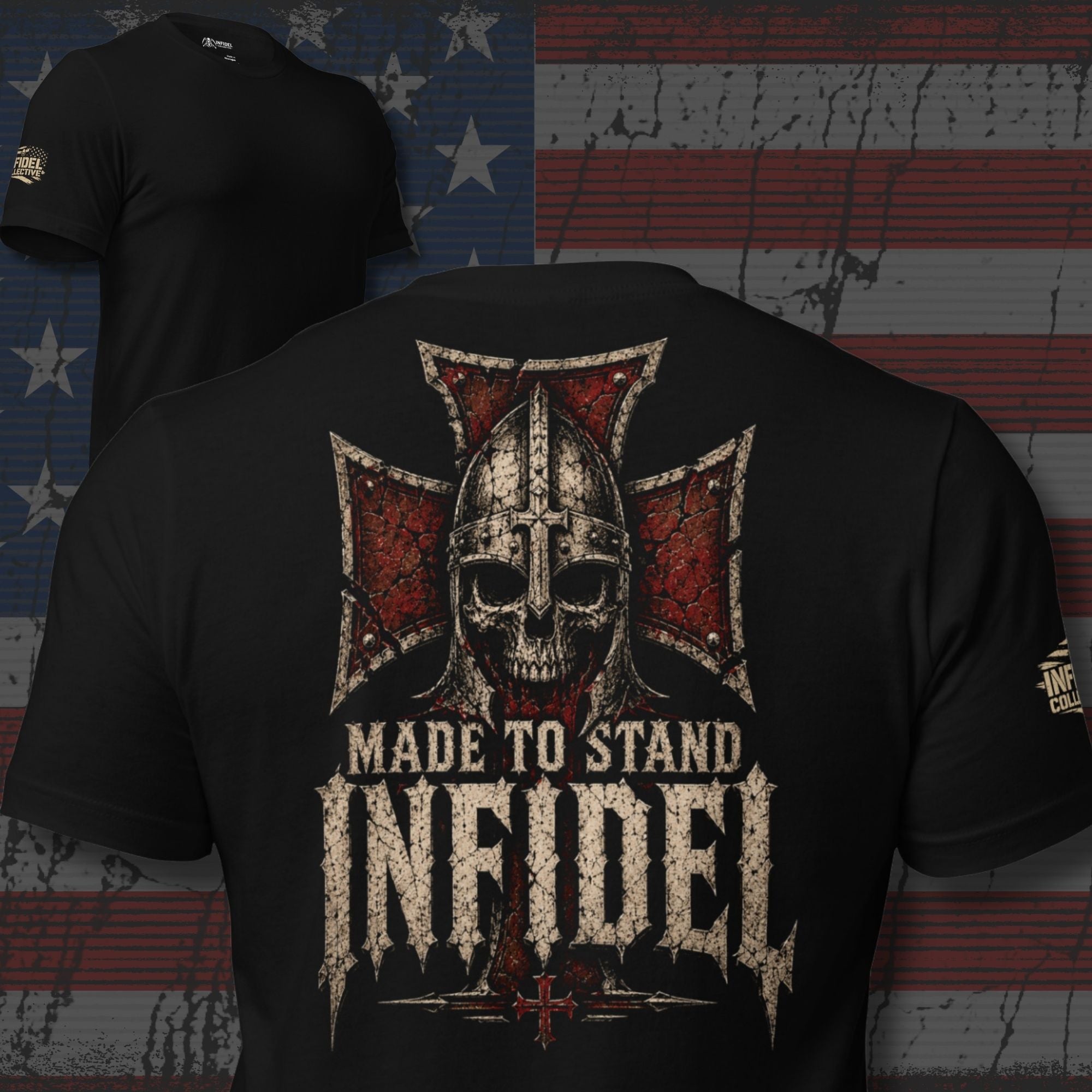 Made to Stand Infidel skull warrior helmet and distressed cross back print black tee