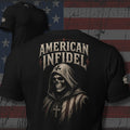 American Infidel hooded skull with cross back print black tee from Infidel Collective