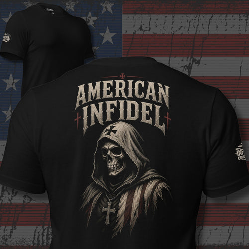 American Infidel hooded skull with cross back print black tee from Infidel Collective
