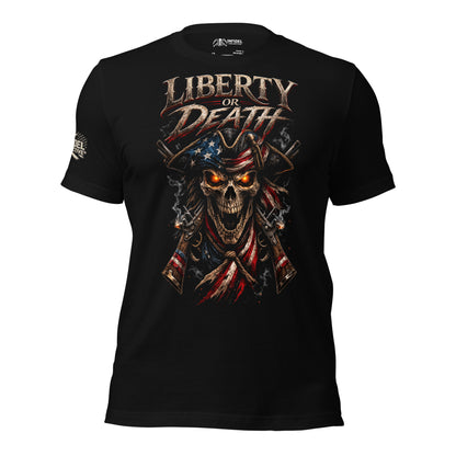 Black t-shirt with 'Liberty or Death' graphic design featuring a skull and American flag on a white background.
