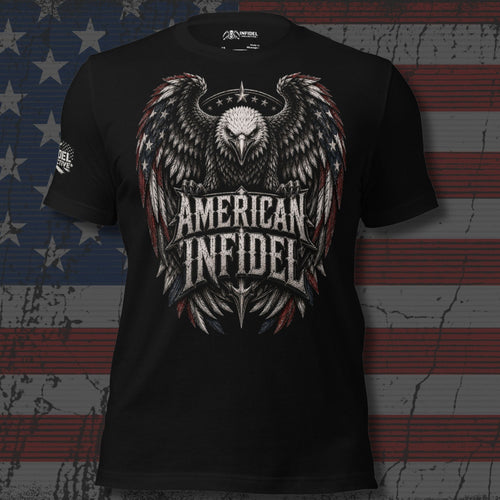 bald eagle with raised wings shield and American Infidel text front print black tee from Infidel Collective