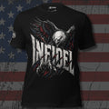 diving bald eagle cutting through large Infidel letters front print black tee from Infidel Collective