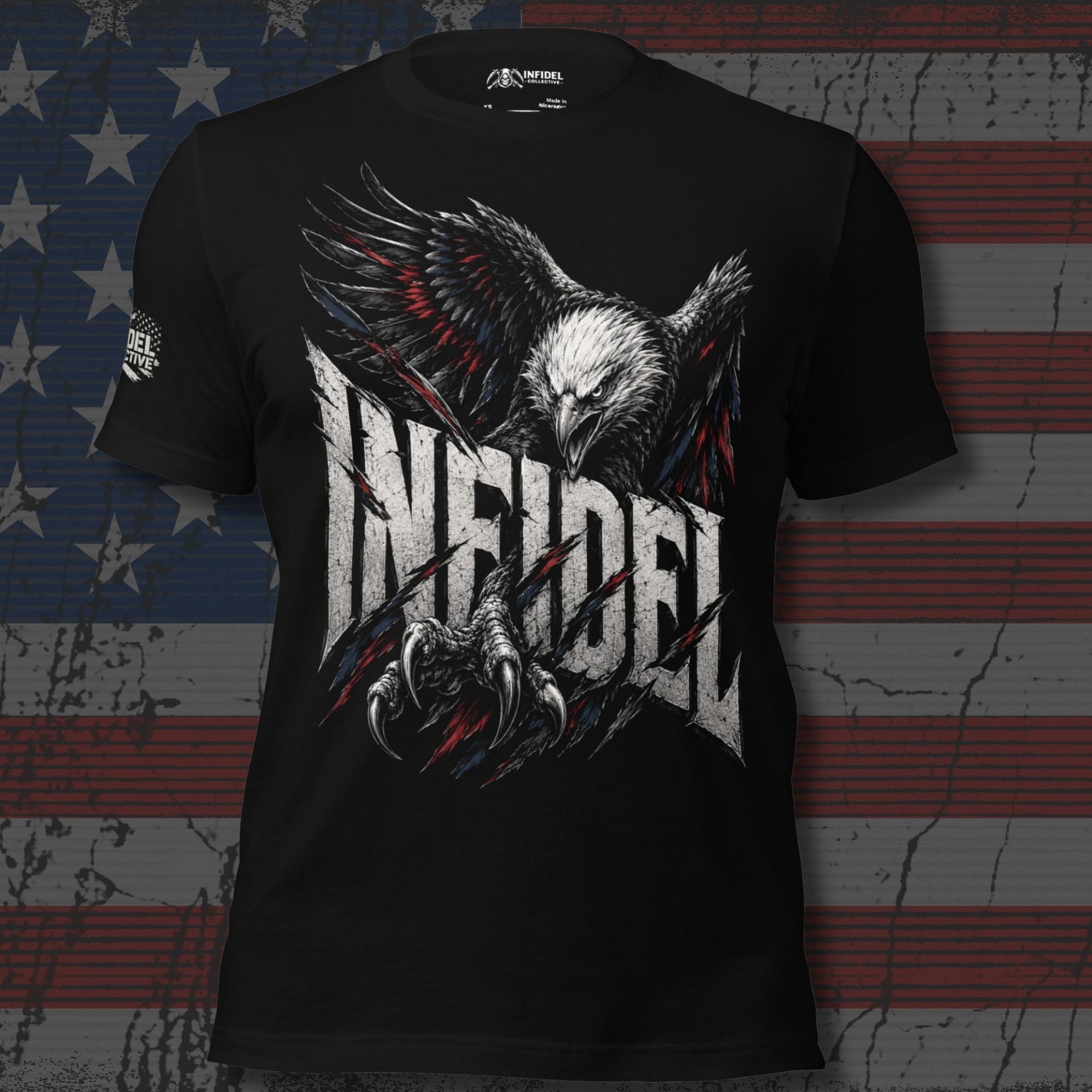 Black t-shirt with an eagle graphic and 'INFIDEL' text on a distressed American flag background