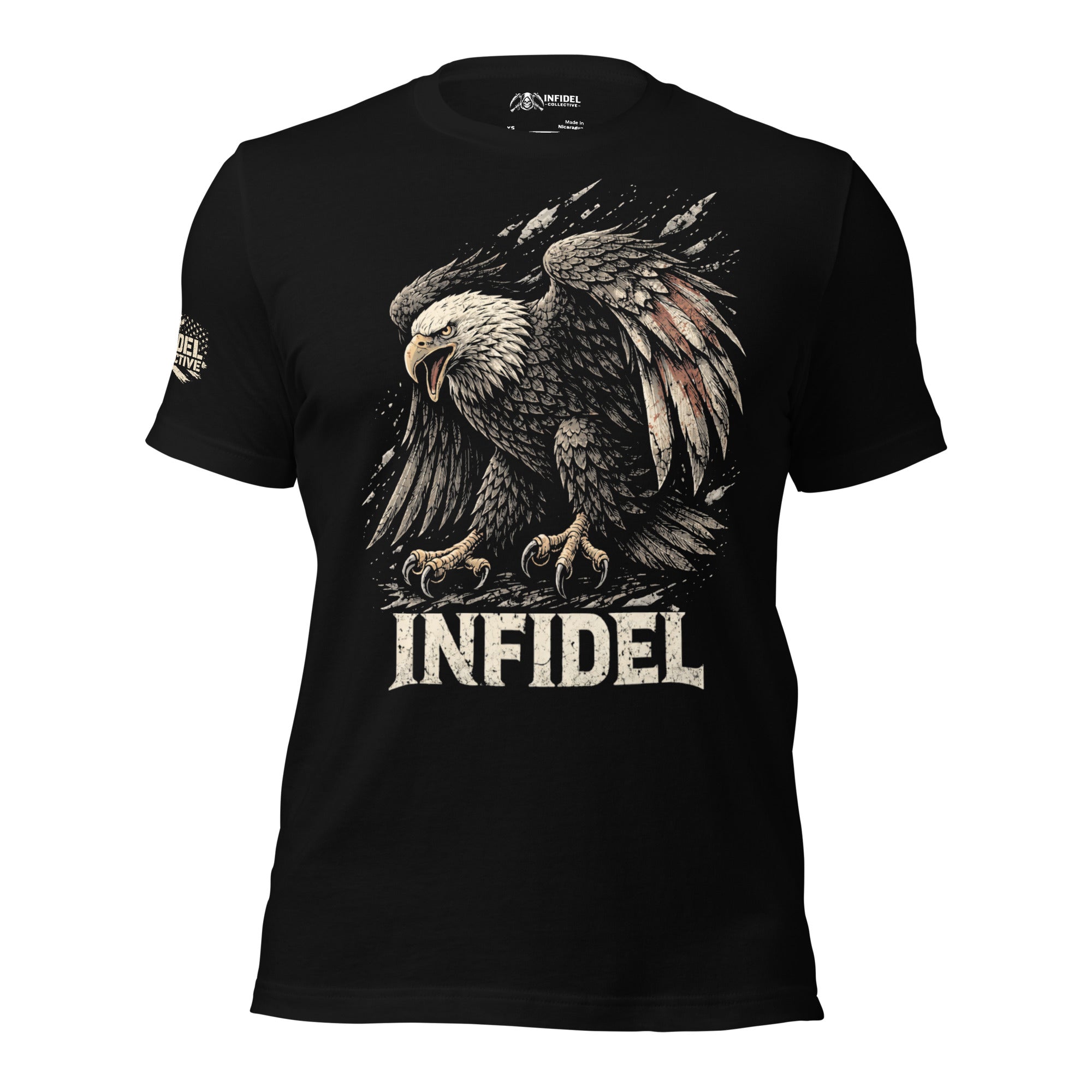 Black t-shirt with an eagle graphic and 'Infidel' text on a white background