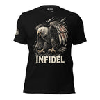 Black t-shirt featuring a fierce bald eagle graphic with distressed American flag accents and Infidel text