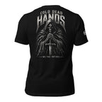 Black t-shirt with a graphic design of a hooded figure holding a sword on the back, with text 'Cold Dead Hands' and 'We the Infidel'.