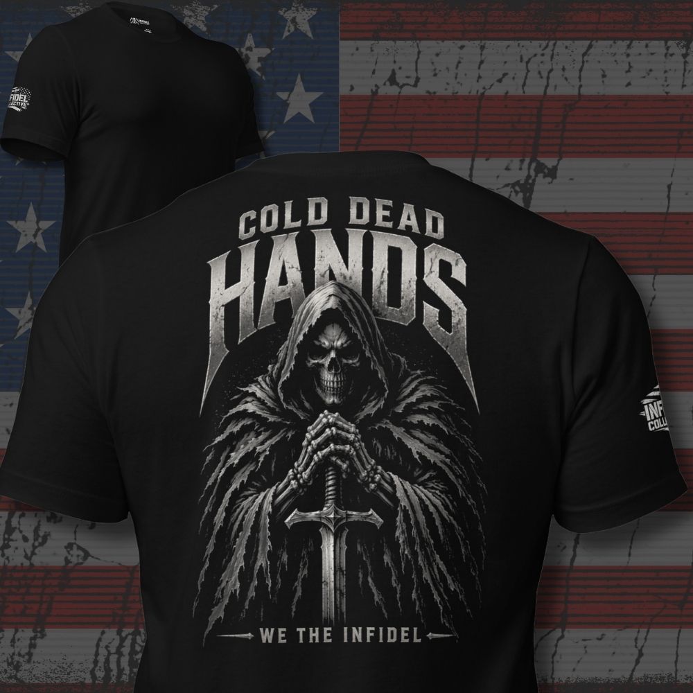Black t-shirt with 'Cold Dead Hands' graphic design on a distressed American flag background
