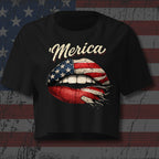 Merica script with distressed American flag lips graphic on black front print tee