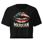 Black t-shirt with American flag lips graphic and 'Merican' text on a white background