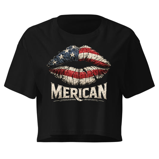 Black t-shirt with American flag lips graphic and 'Merican' text on a white background