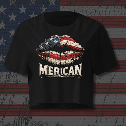 Black t-shirt with American flag lips graphic and 'Merican' text on a distressed American flag background.