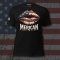 Merican lips patterned in the American flag front print black tee from Infidel Collective