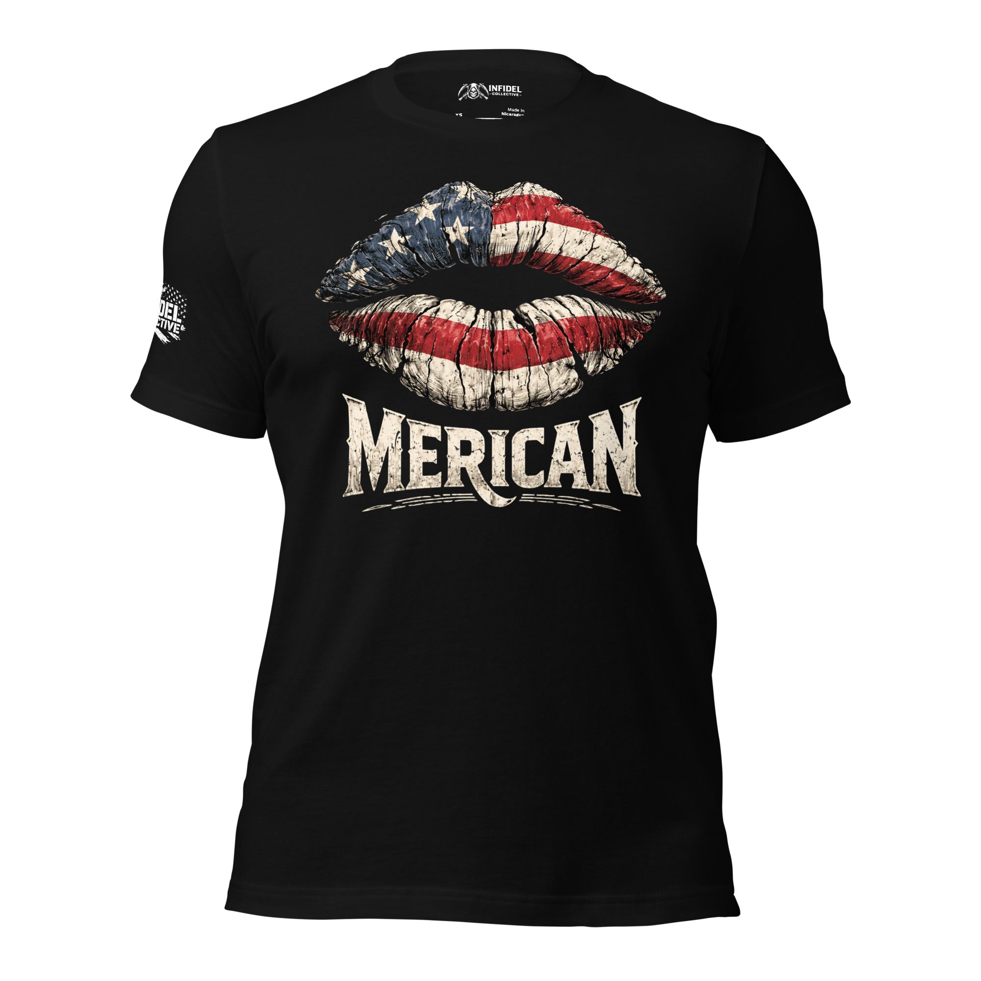 Black t-shirt with American flag lips graphic and 'Merican' text on a white background