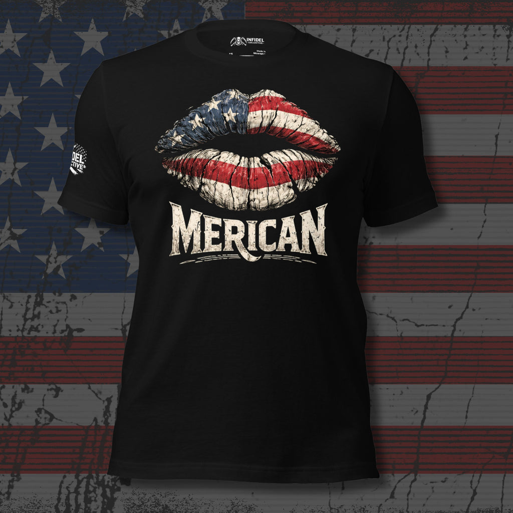 Black t-shirt with American flag lips graphic and 'MERICAN' text on a distressed American flag background.