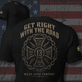 Miles Over Comfort road cross and chain back print black tee from Infidel Collective