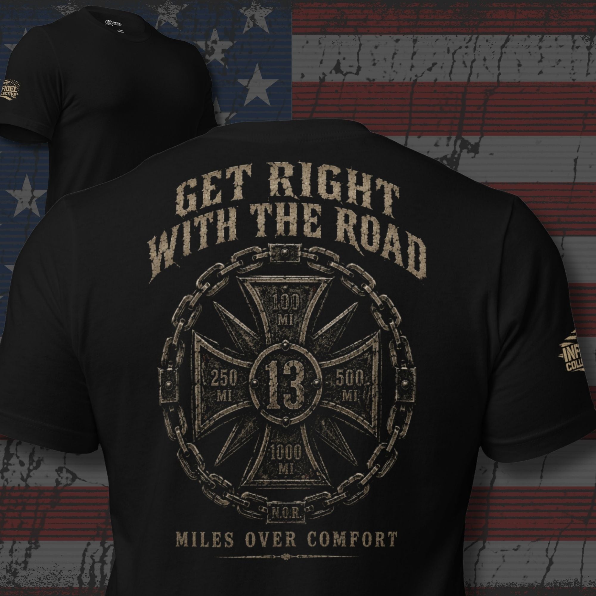 Miles Over Comfort road cross back print black tee from Infidel Collective