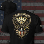 Black t-shirt with an eagle design and 'I Miss Mean America' text on a distressed American flag background.