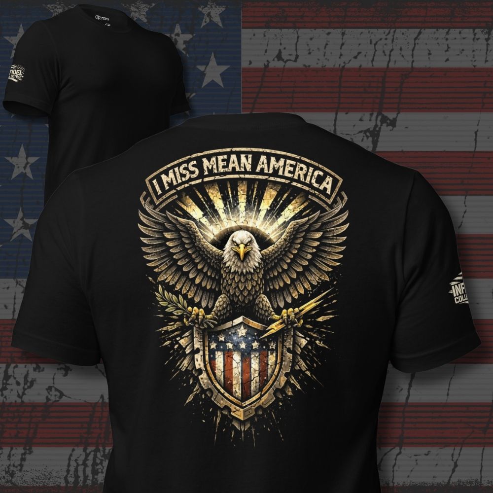 Black t-shirt with an eagle design and 'I Miss Mean America' text on a distressed American flag background.