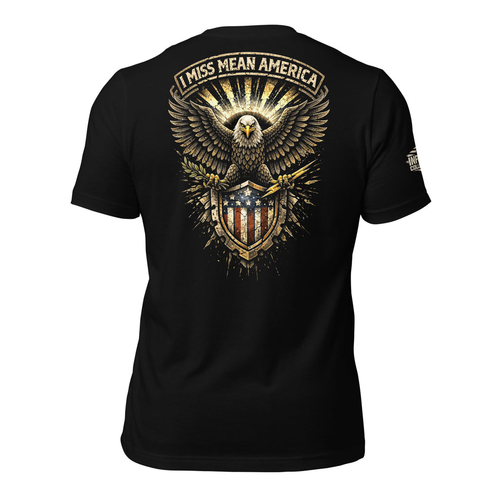 Black t-shirt with an eagle and American flag design on the back, on a white background.