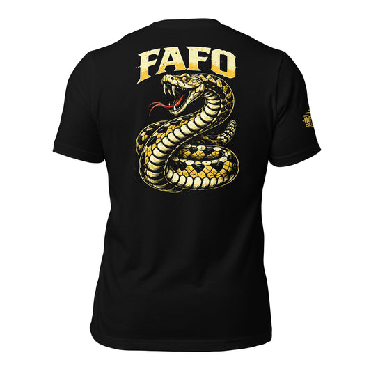 Black t-shirt with a gold snake design and 'FAFO' text on the back, on a white background.