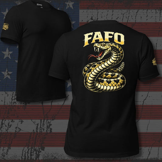 Black t-shirt with snake graphic and 'FAFO' text on an American flag background