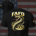 FAFO striking Gadsden rattlesnake design back print black tee from Infidel Collective