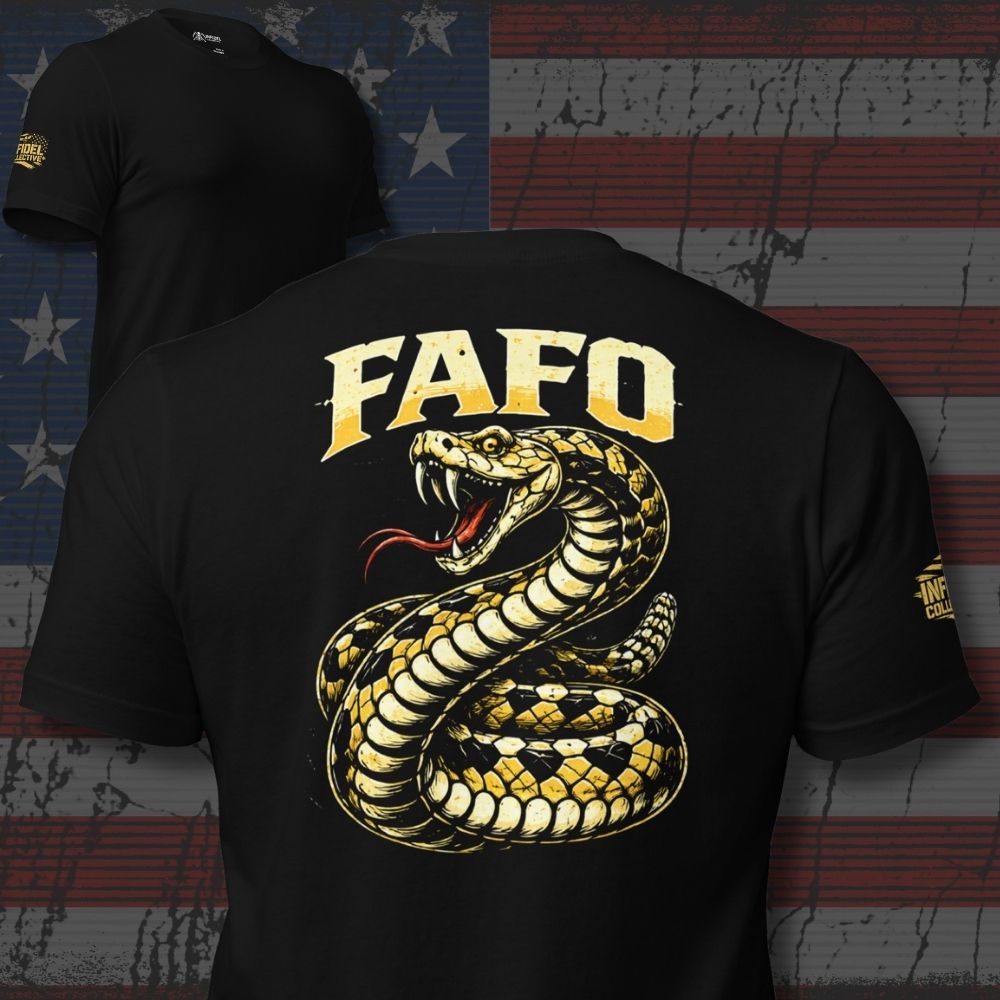 3D Gadsden FAFO rattlesnake back print black tee from Infidel Collective