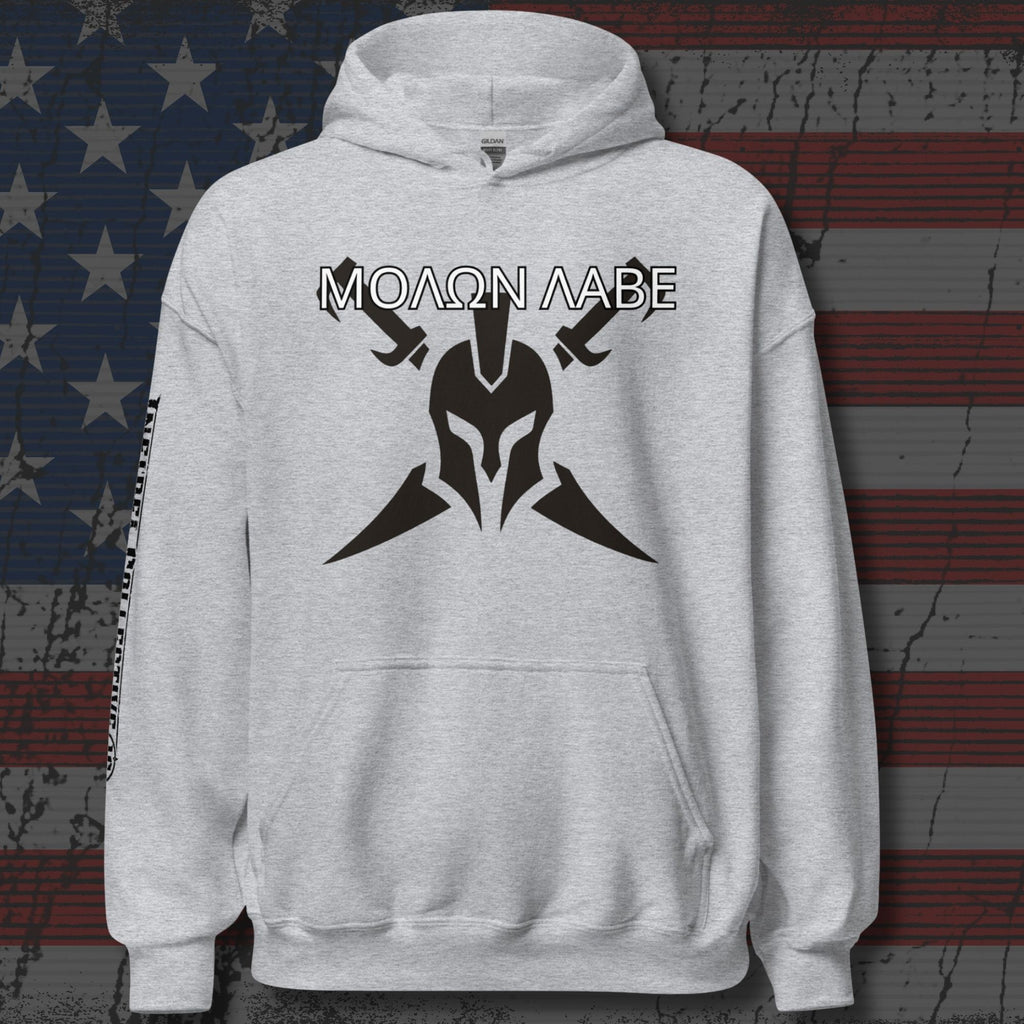 Gray hoodie with Spartan symbol and 'MOLON LABE' text on a distressed American flag background