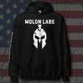 Black hoodie featuring the Molon Labe Spartan Helmet graphic, featured product view