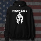 Molon Labe Spartan helmet front print black hoodie from Infidel Collective