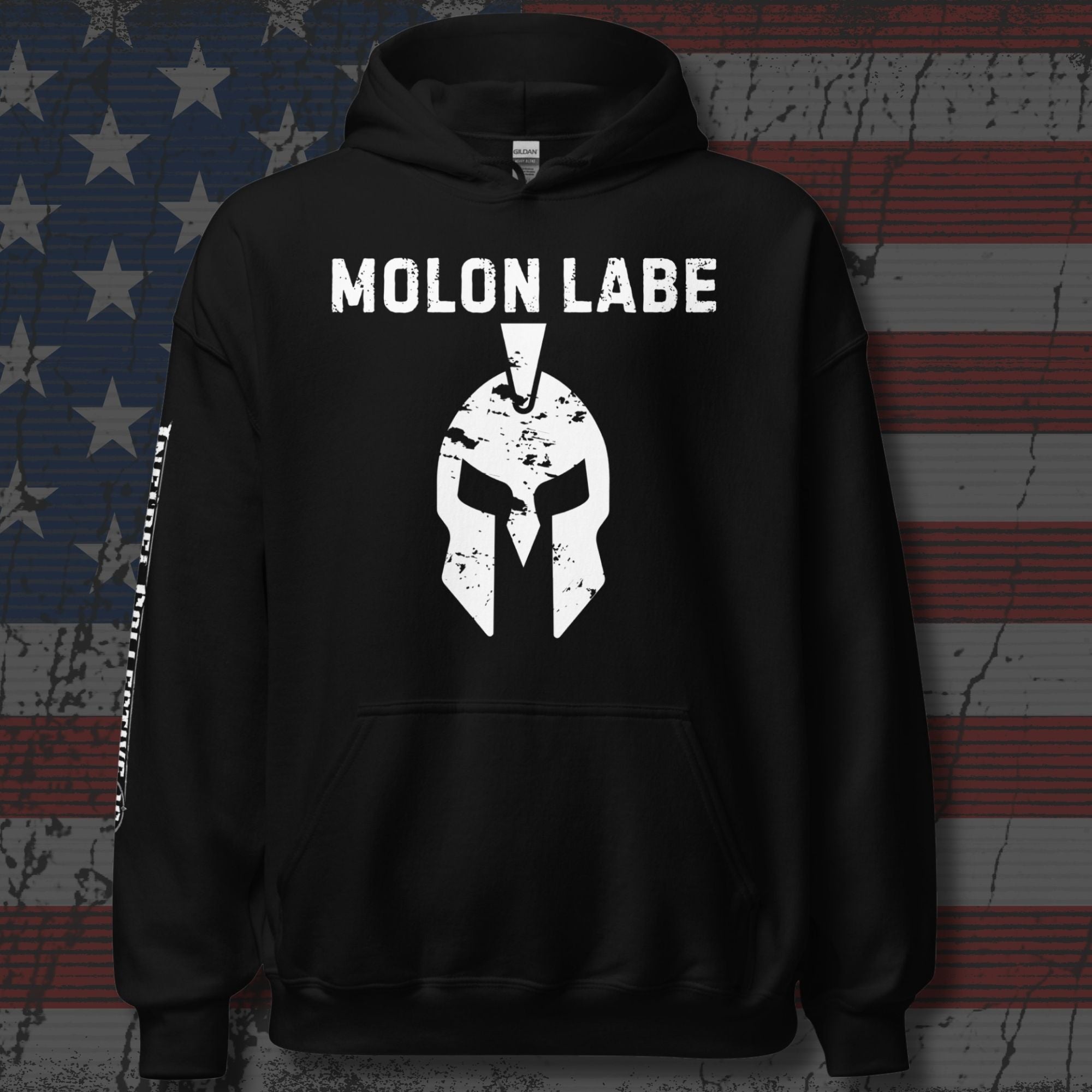 Molon Labe Spartan helmet front print black hoodie from Infidel Collective
