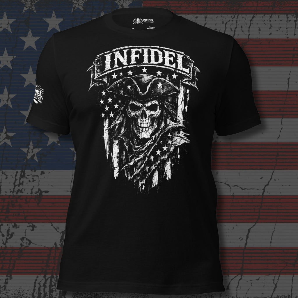 Infidel Flag Skull graphic black tee from Infidel Collective