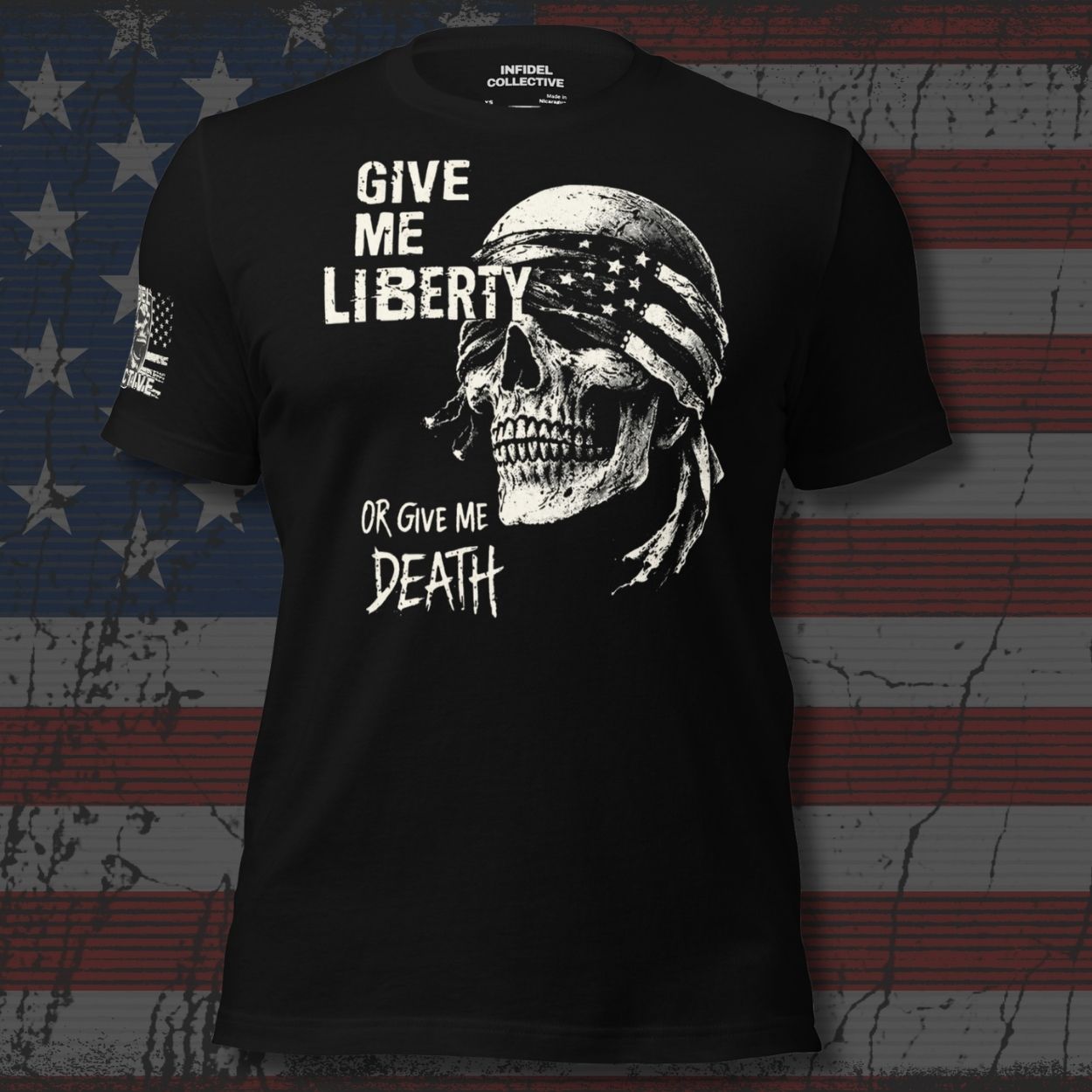 Black t-shirt with skull graphic and text 'Give Me Liberty or Give Me Death' on an American flag background.