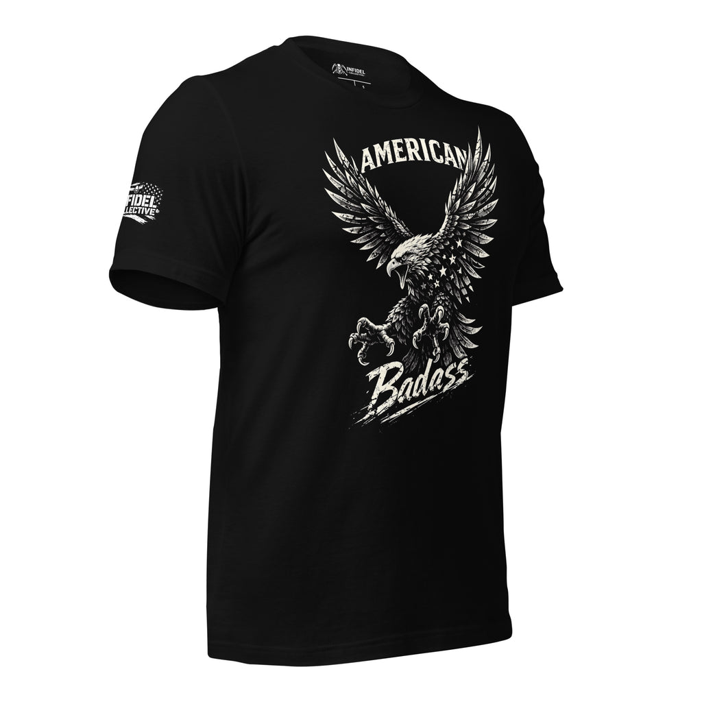 Black t-shirt with white text 'American Badass' on a white background
