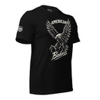 Black t-shirt with white text 'American Badass' on a white background
