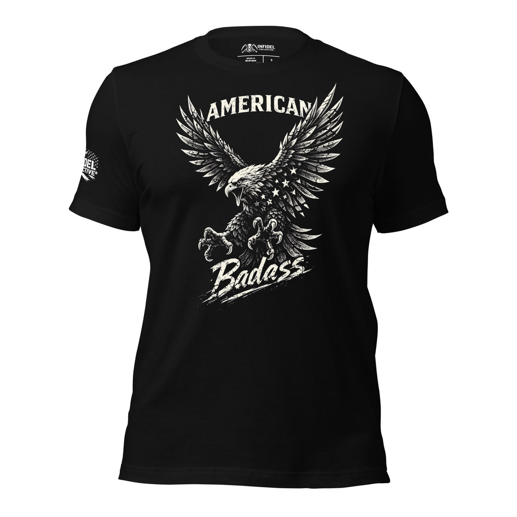 Black t-shirt with white eagle graphic and 'American Badass' text on a white background