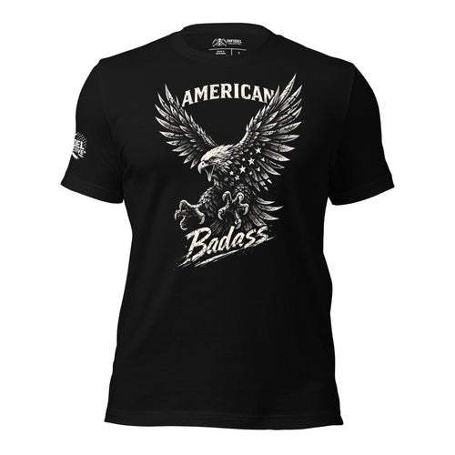 Front view of black tee featuring monochrome bald eagle with American Badass text