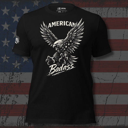 monochrome bald eagle with American Badass text front print black tee from Infidel Collective