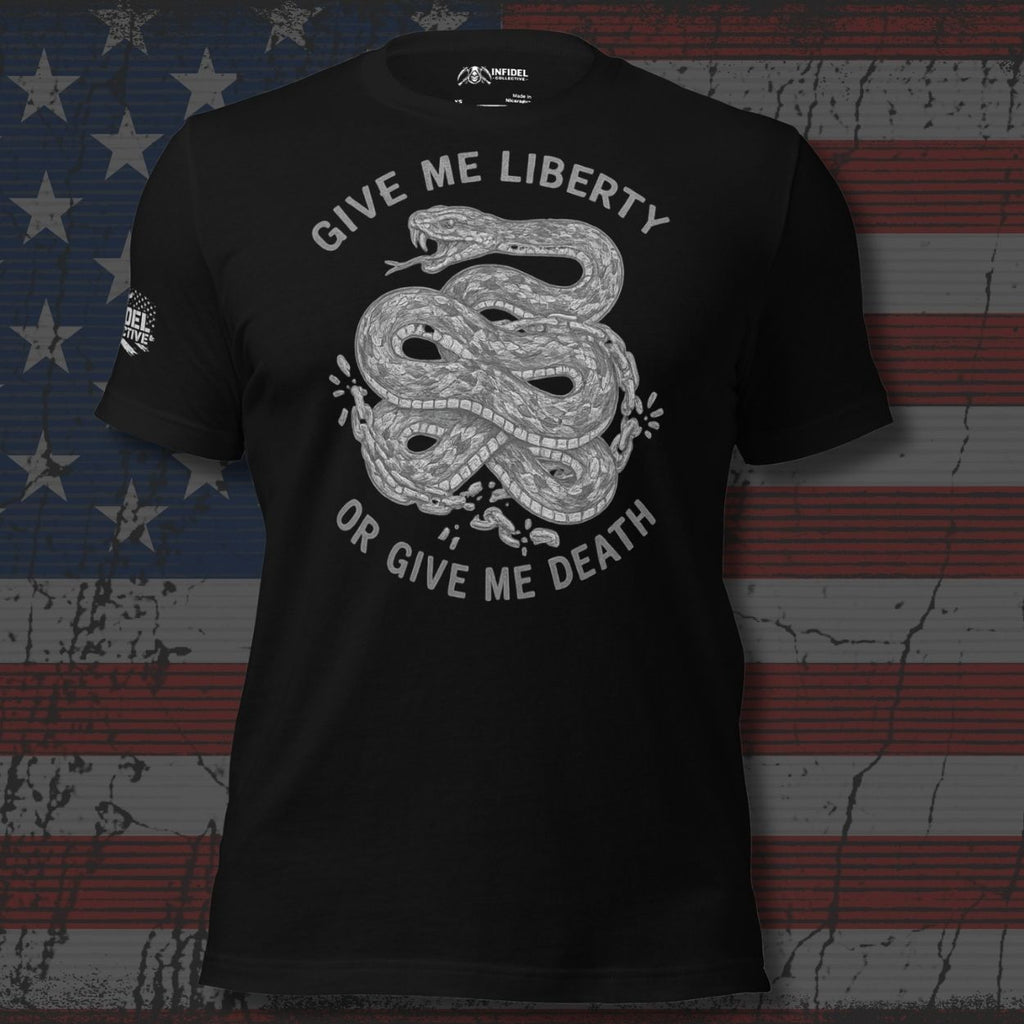 Black t-shirt with snake graphic and text on an American flag background