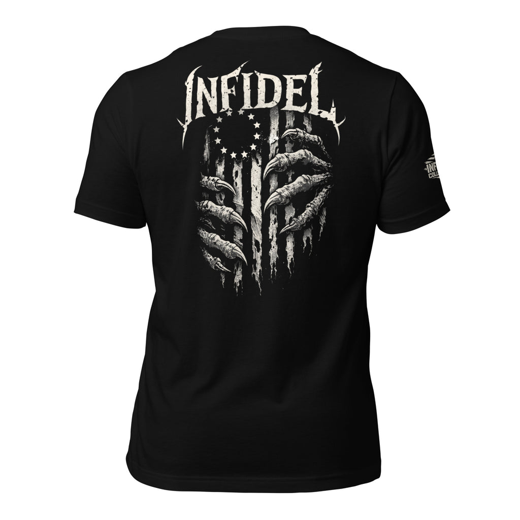 Black t-shirt featuring clawed hands tearing through a distressed Betsy Ross American flag beneath Infidel text