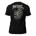 Black t-shirt featuring clawed hands tearing through a distressed Betsy Ross American flag beneath Infidel text