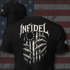 Black t-shirt featuring clawed hands tearing through a distressed Betsy Ross American flag beneath Infidel text