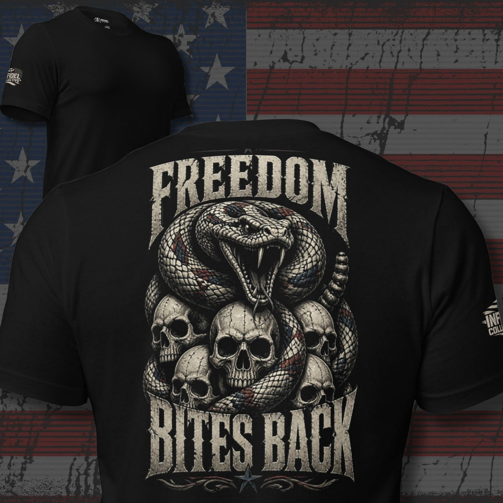 Freedom Bites Back rattlesnake back print black tee from Infidel Collective