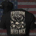 Freedom Bites Back rattlesnake coiled through a pile of skulls design back print black tee from Infidel Collective
