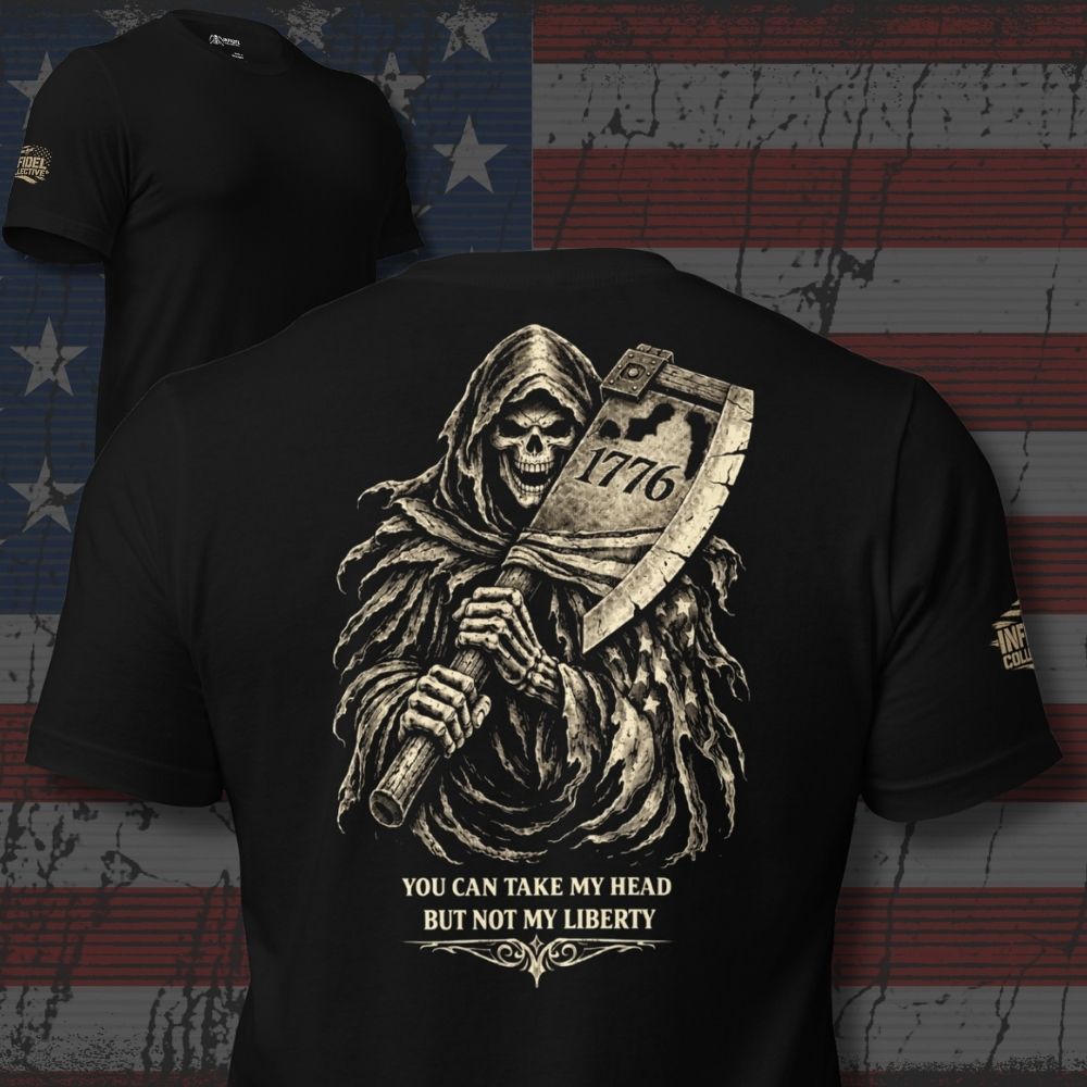 Black t-shirt with a graphic design of a skeleton holding an axe and text 'YOU CAN TAKE MY HEAD BUT NOT MY LIBERTY', against a flag background.