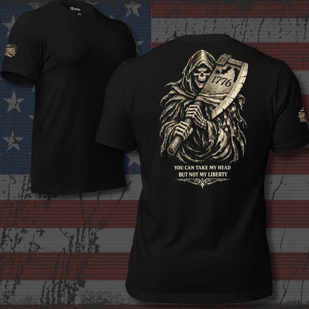 Black t-shirt with a graphic design of a skeleton holding a sword and text on an American flag background.