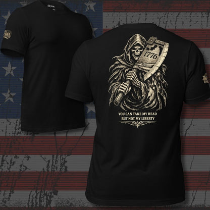 Black t-shirt with a graphic design of a skeleton holding a sword and text on an American flag background.