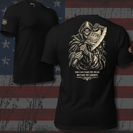Black t-shirt with a graphic design of a skeleton holding a sword and text on an American flag background.