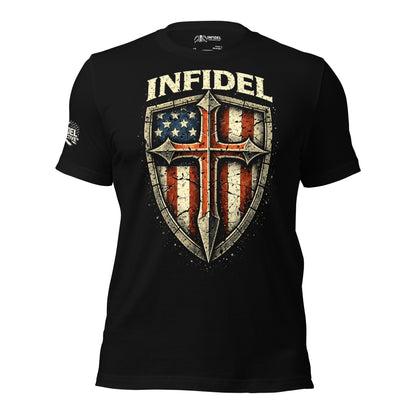 Black t-shirt with 'Infidel' graphic design on a textured American flag background